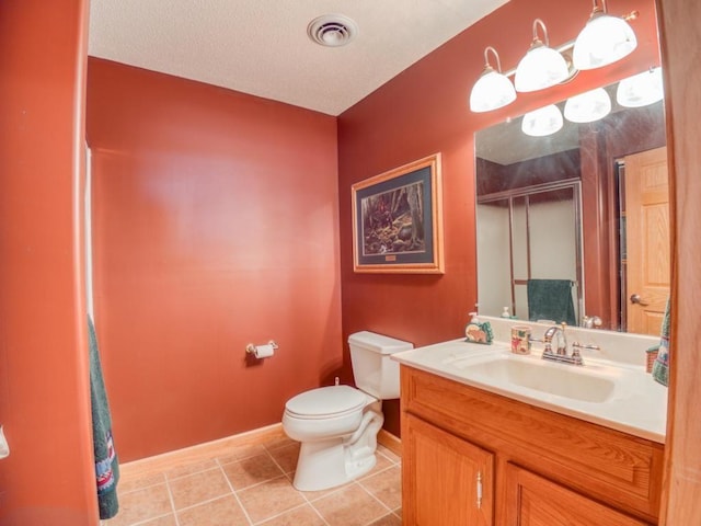 10719 Lumberjack Rd NW, Alaska Twp, MN 56667 - full bath featuring toilet, a shower stall, baseboards, tile patterned floors, and vanity
