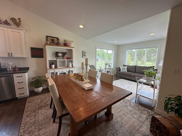 879 Longview Dr, Detroit Lakes, MN 56501 - dining room featuring dark wood-style floors, lofted ceiling, and recessed lighting