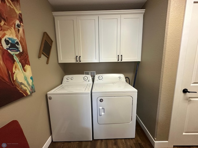 879 Longview Dr, Detroit Lakes, MN 56501 - laundry room featuring washer and clothes dryer, baseboards, cabinet space, and dark wood finished floors