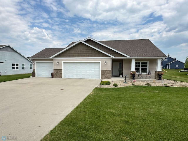 879 Longview Dr, Detroit Lakes, MN 56501 - craftsman inspired home with a front lawn, an attached garage, driveway, covered porch, and stone siding