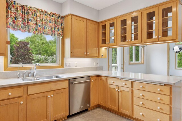 9536 Windflower Pl, Champlin, MN 55316 - kitchen featuring dishwasher, a sink, a peninsula, glass insert cabinets, and healthy amount of natural light