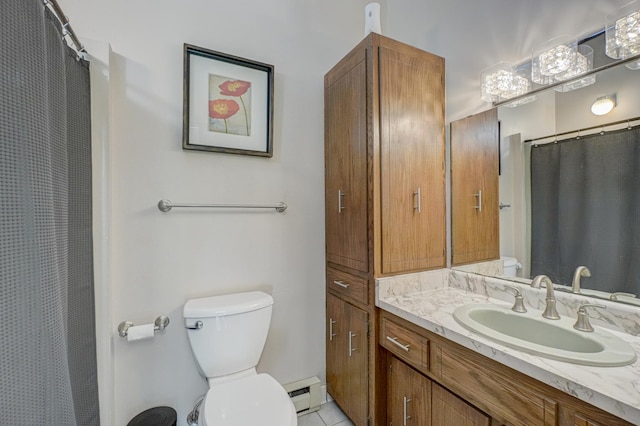 1970 Saint Croix Trl N, West Lakeland Twp, MN 55082 - full bathroom featuring toilet, vanity, a baseboard radiator, tile patterned flooring, and a shower with curtain