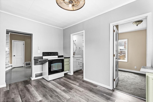319 60th Ave W, Duluth, MN 55807 - kitchen with electric range, crown molding, dark wood finished floors, and baseboards