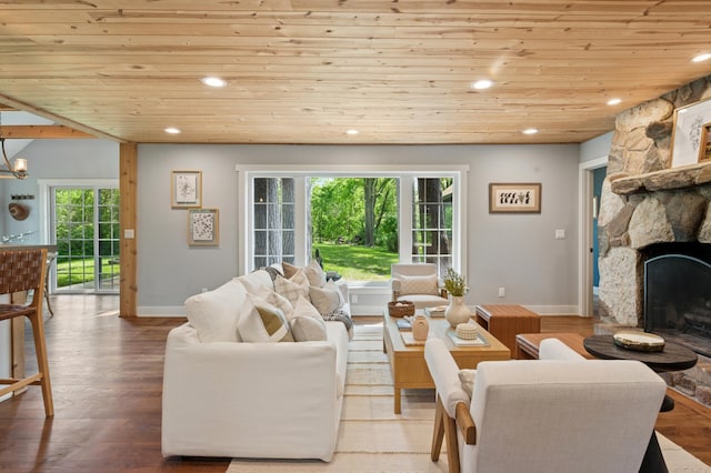 605 Stubbs Bay Rd, Orono, MN 55356 - living area with wooden ceiling, plenty of natural light, a fireplace, recessed lighting, and wood finished floors