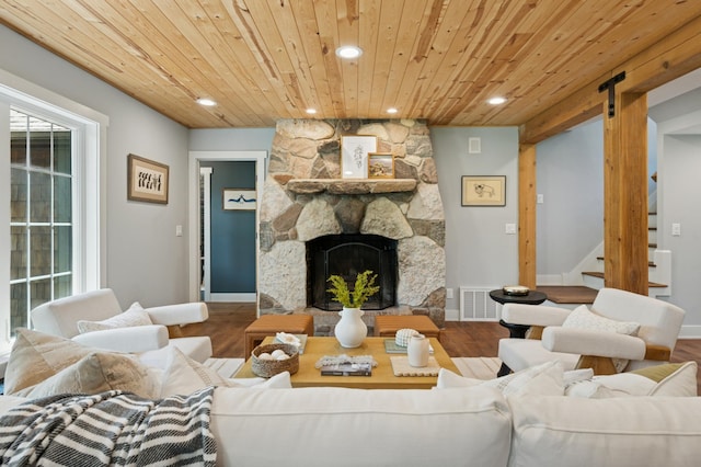 605 Stubbs Bay Rd, Orono, MN 55356 - living room with wooden ceiling, recessed lighting, wood finished floors, stairway, and baseboards