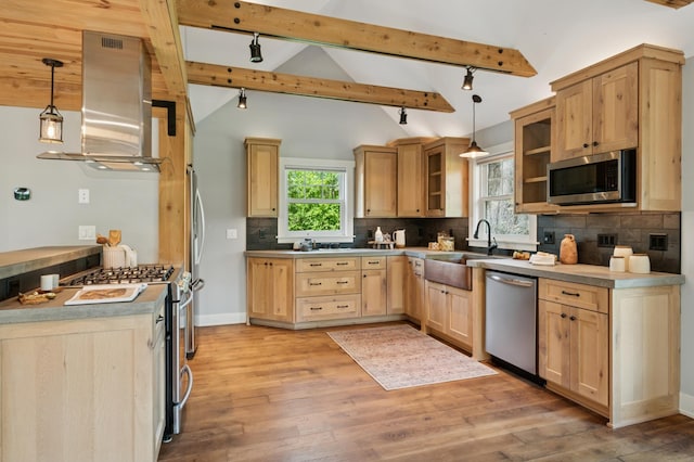 605 Stubbs Bay Rd, Orono, MN 55356 - kitchen featuring appliances with stainless steel finishes, wall chimney range hood, a sink, and rail lighting