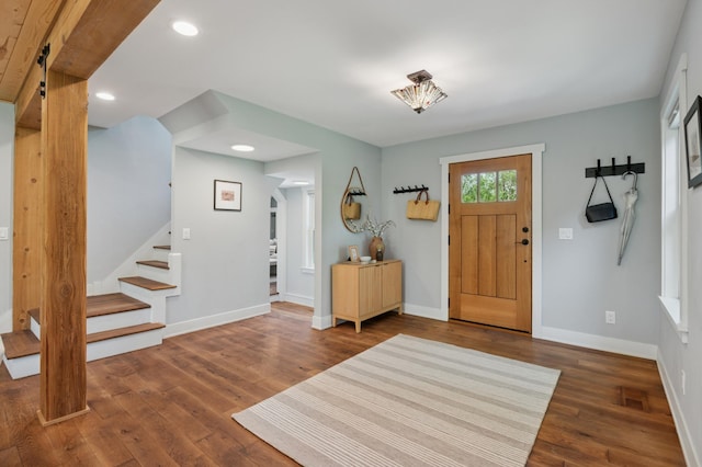 605 Stubbs Bay Rd, Orono, MN 55356 - foyer entrance with stairway, wood finished floors, baseboards, and recessed lighting