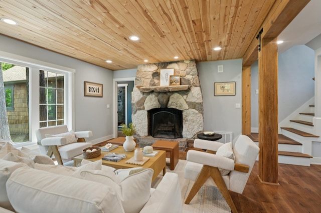 605 Stubbs Bay Rd, Orono, MN 55356 - living area featuring wooden ceiling, wood finished floors, recessed lighting, baseboards, and stairs