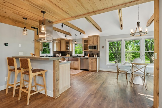 605 Stubbs Bay Rd, Orono, MN 55356 - kitchen featuring appliances with stainless steel finishes, glass insert cabinets, backsplash, wood finished floors, and wood ceiling