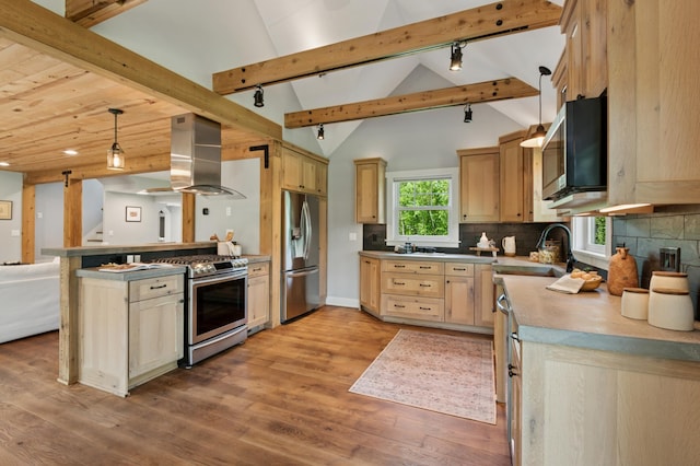 605 Stubbs Bay Rd, Orono, MN 55356 - kitchen with stainless steel appliances, island range hood, light wood-type flooring, and tasteful backsplash