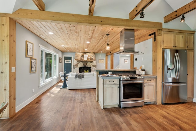 605 Stubbs Bay Rd, Orono, MN 55356 - kitchen featuring appliances with stainless steel finishes, island range hood, track lighting, hardwood / wood-style floors, and recessed lighting