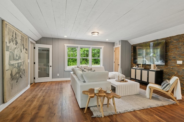 605 Stubbs Bay Rd, Orono, MN 55356 - living room with vaulted ceiling, wood finished floors, and wood ceiling