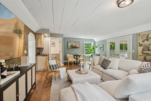 605 Stubbs Bay Rd, Orono, MN 55356 - living area with dark wood-style flooring, vaulted ceiling, and french doors