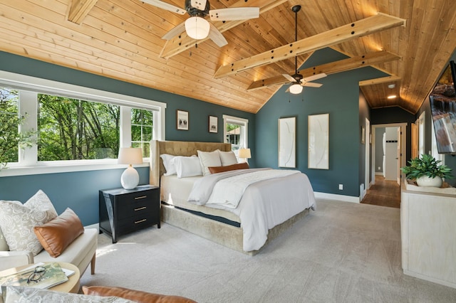 605 Stubbs Bay Rd, Orono, MN 55356 - bedroom featuring wood ceiling, carpet flooring, baseboards, and a ceiling fan