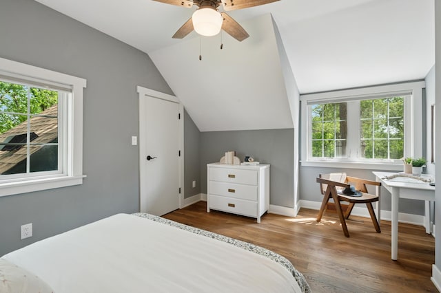 605 Stubbs Bay Rd, Orono, MN 55356 - bedroom with vaulted ceiling, wood finished floors, baseboards, and ceiling fan
