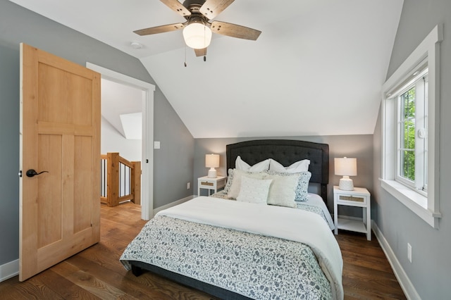 605 Stubbs Bay Rd, Orono, MN 55356 - bedroom featuring vaulted ceiling, baseboards, wood finished floors, and ceiling fan