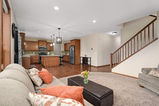 15239 Embry Path, Apple Valley, MN 55124 - living room featuring stairway, recessed lighting, baseboards, and dark wood-style floors