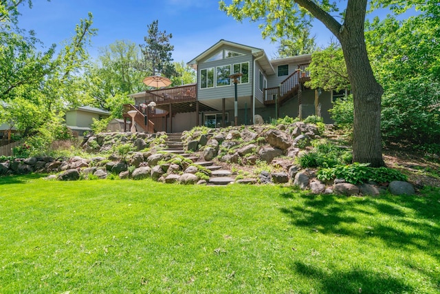 4716 Overlook Dr, Bloomington, MN 55437 - back of house featuring stairway, a wooden deck, and a yard
