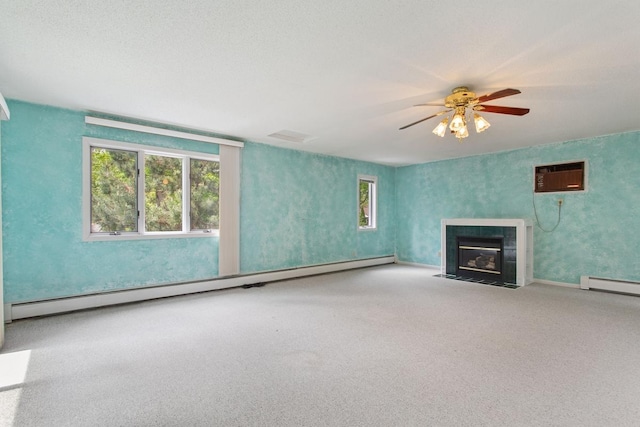 364 Owasso Blvd N, Shoreview, MN 55126 - unfurnished living room with baseboard heating, an AC wall unit, a fireplace, ceiling fan, and carpet flooring