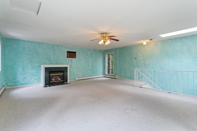 364 Owasso Blvd N, Shoreview, MN 55126 - unfurnished living room with carpet flooring, baseboard heating, ceiling fan, and a tiled fireplace