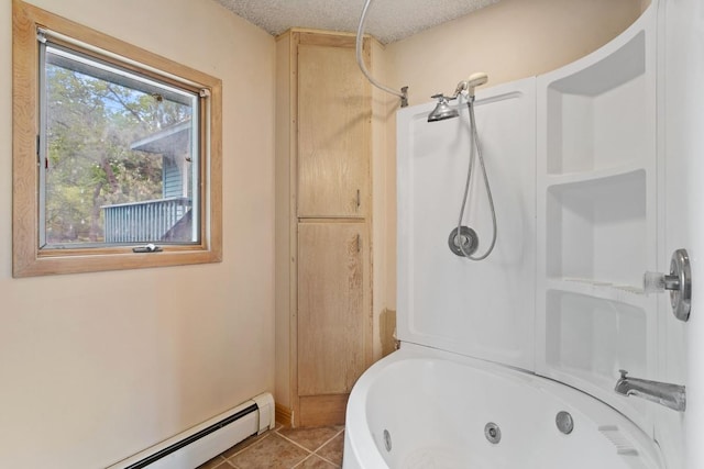 364 Owasso Blvd N, Shoreview, MN 55126 - full bathroom featuring a baseboard radiator, a combined bath / shower with jetted tub, and tile patterned floors