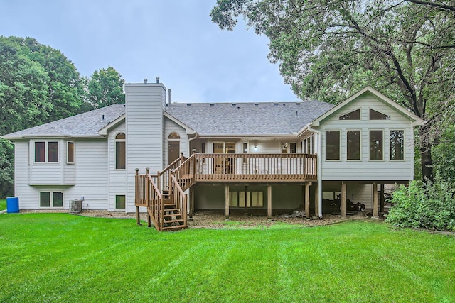 701 Parkview Ln N, Champlin, MN 55316 - rear view of house featuring stairs, roof with shingles, a wooden deck, a chimney, and cooling unit