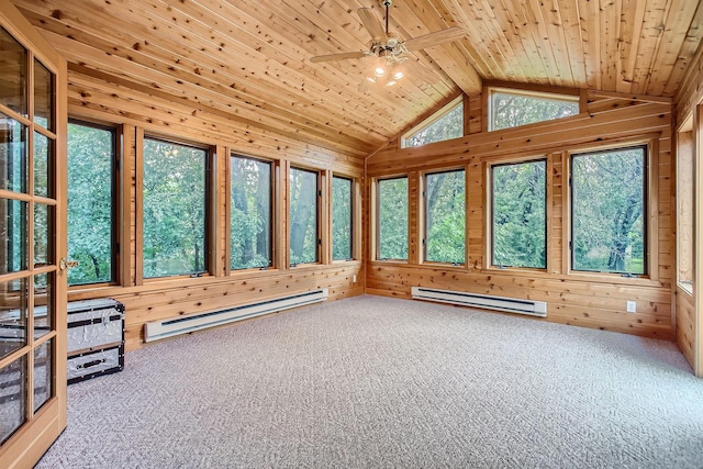 701 Parkview Ln N, Champlin, MN 55316 - unfurnished sunroom featuring a baseboard heating unit, carpet, wood walls, wooden ceiling, and lofted ceiling