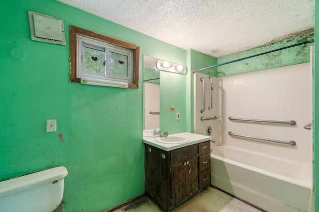 318 Austin Ave, Litchfield, MN 55355 - bathroom with toilet, vanity, shower / tub combination, a textured ceiling, and tile patterned floors