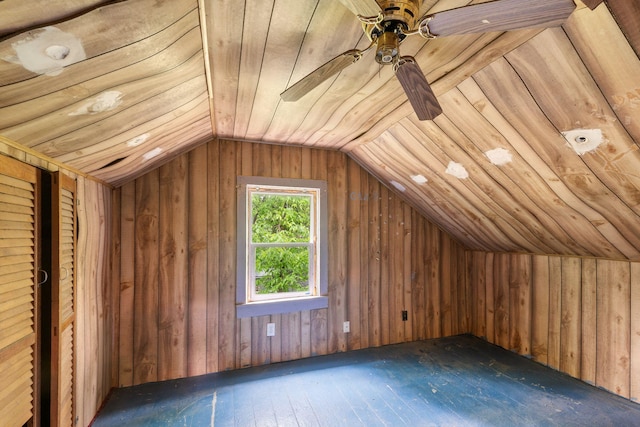 318 Austin Ave, Litchfield, MN 55355 - bonus room with lofted ceiling, a ceiling fan, wood-type flooring, and wooden walls