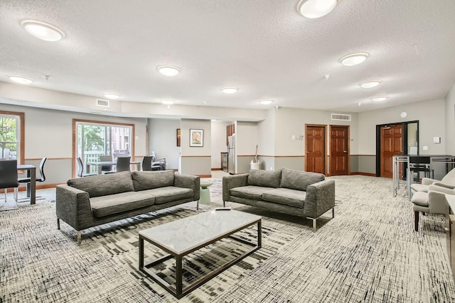 4824 53rd St Unit 410, Minneapolis, MN 55417 - living room with a textured ceiling, light colored carpet, and baseboards