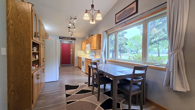 210 10th Ave N # 1, Cold Spring, MN 56320 - dining space with plenty of natural light, lofted ceiling, wood finished floors, a chandelier, and baseboards