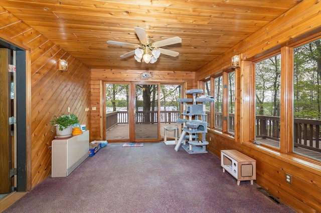 11567 S Lake Blvd, Lake Nebagamon, WI 54849 - unfurnished sunroom with carpet, wooden walls, and wooden ceiling