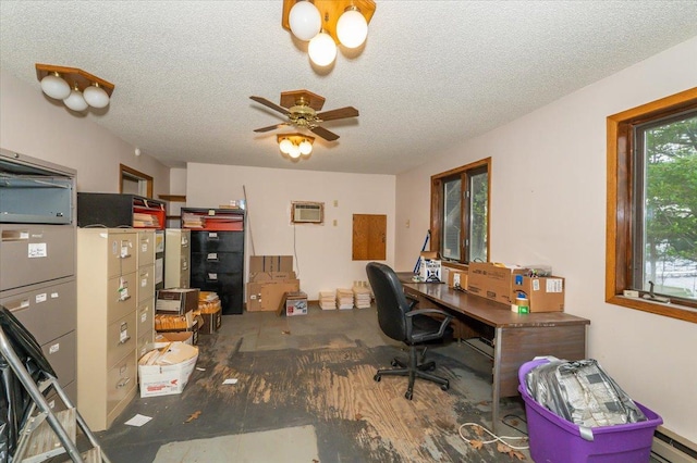 11567 S Lake Blvd, Lake Nebagamon, WI 54849 - home office with a baseboard radiator, an AC wall unit, a textured ceiling, and ceiling fan