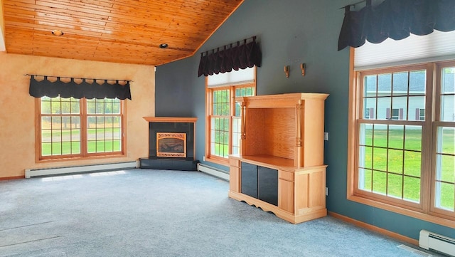 8848 Leander Rd, Angora Twp, MN 55723 - unfurnished living room with baseboard heating, wooden ceiling, carpet, a baseboard radiator, and baseboards