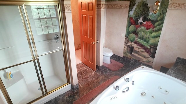 8848 Leander Rd, Angora Twp, MN 55723 - bathroom featuring a stall shower, a tub with jets, toilet, and marble finish flooring