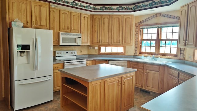 8848 Leander Rd, Angora Twp, MN 55723 - kitchen featuring white appliances, a sink, light countertops, a center island, and open shelves