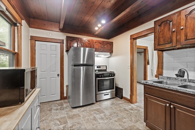 3019 Colfax Ave N, Minneapolis, MN 55411 - kitchen with appliances with stainless steel finishes, a sink, wood ceiling, backsplash, and light countertops