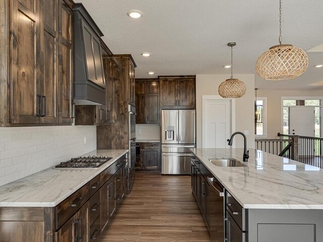 20666 Tamarack St NW, Oak Grove, MN 55011 - kitchen with stainless steel appliances, a sink, dark wood-type flooring, premium range hood, and dark brown cabinets