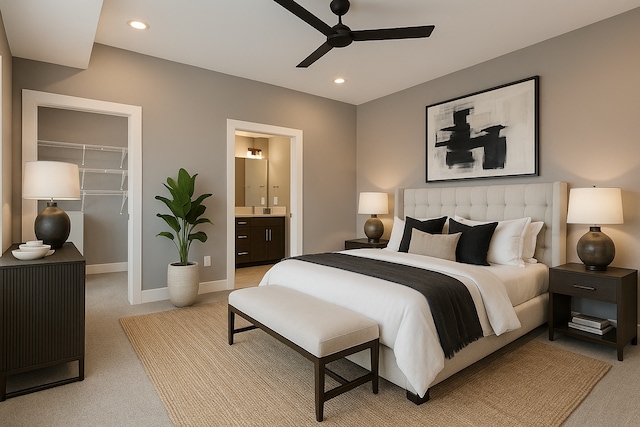 4745 Minnehaha Ave Unit 101, Minneapolis, MN 55406 - bedroom with light colored carpet, a walk in closet, baseboards, a closet, and recessed lighting