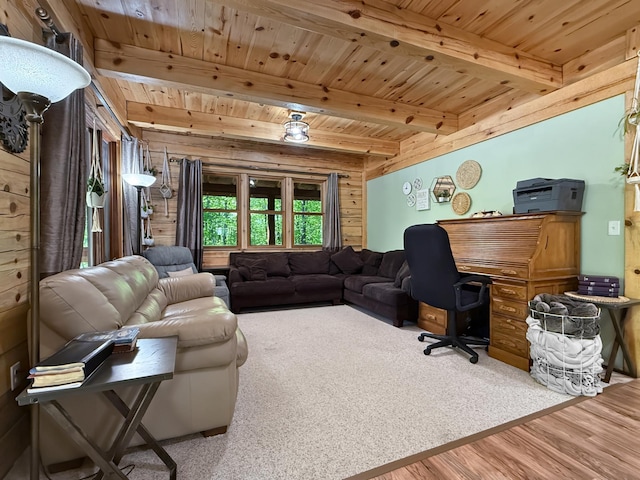 7215 Little Dip Ln NE, Bemidji, MN 56601 - home office with wood finished floors and wood ceiling with exposed beams