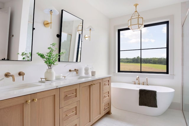 7937 Eldorado Rd, Credit River Twp, MN 55372 - bathroom featuring double vanity, a freestanding tub, marble look tiles, and a shower