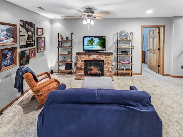 12216 175th St W, Lakeville, MN 55044 - living room with ceiling fan, carpet, a fireplace, baseboards, and recessed lighting