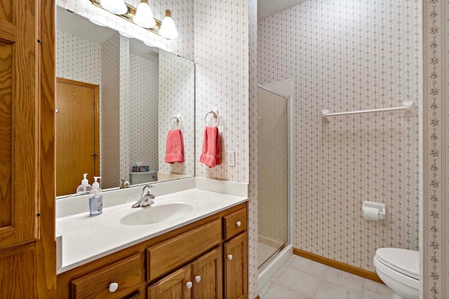 2990 David Cir, Little Canada, MN 55117 - full bathroom with vanity, a shower stall, toilet, baseboards, and marble finish flooring