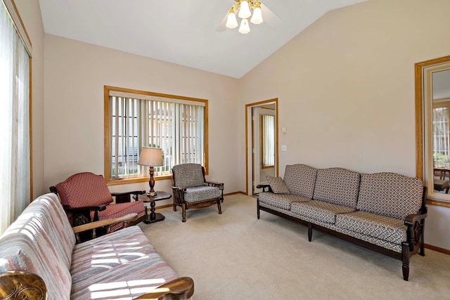 2990 David Cir, Little Canada, MN 55117 - living area with carpet, lofted ceiling, ceiling fan, and baseboards