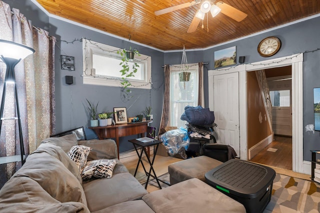853 York Ave, Saint Paul, MN 55106 - living room featuring wood ceiling, a ceiling fan, crown molding, and wood finished floors