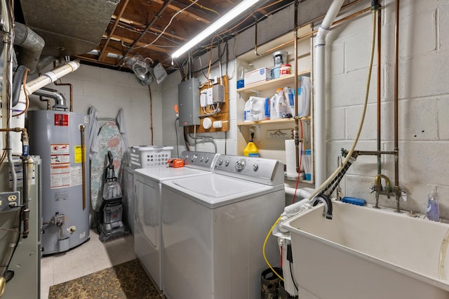 2196 Waukon Ave, Saint Paul, MN 55119 - laundry area with gas water heater, washer and dryer, concrete block wall, and electric panel
