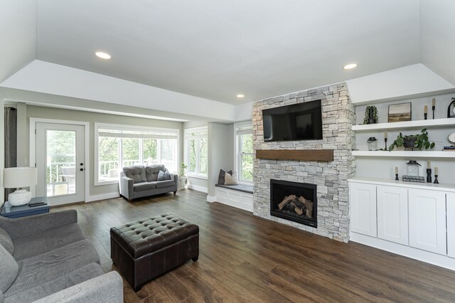 9420 Fabian St NE, Kalmar Twp, MN 55920 - living area featuring dark wood-type flooring, a stone fireplace, and recessed lighting