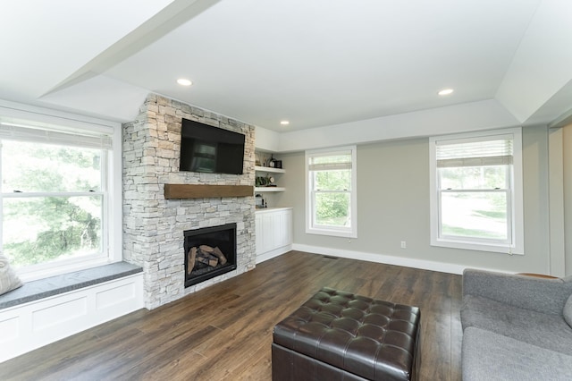 9420 Fabian St NE, Kalmar Twp, MN 55920 - living room featuring dark wood finished floors and a stone fireplace