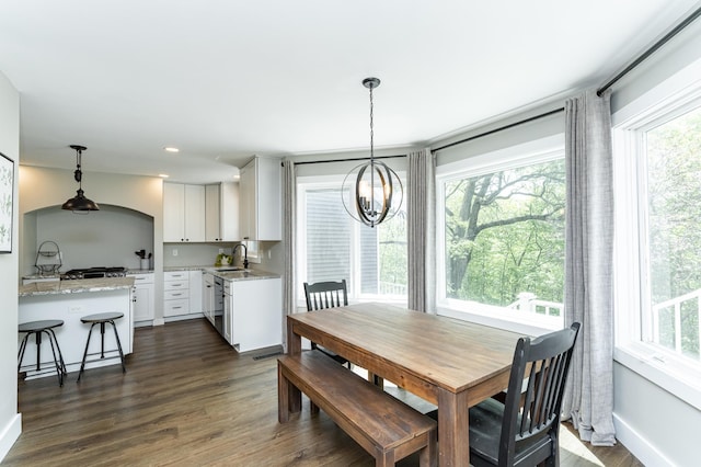 9420 Fabian St NE, Kalmar Twp, MN 55920 - dining space featuring a chandelier, dark wood-style flooring, recessed lighting, and baseboards