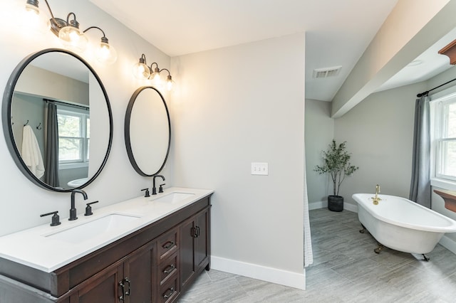 9420 Fabian St NE, Kalmar Twp, MN 55920 - bathroom featuring double vanity, a freestanding tub, baseboards, and wood finished floors